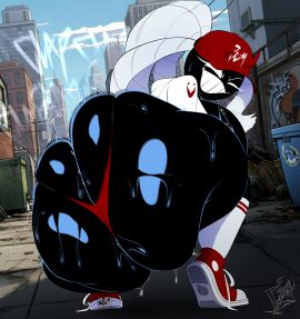1girls alley alleyway ass ass_clapping ass_cleavage ass_focus big_ass black_body bomb_gal_(androjuniarto) bottom_heavy bubble_butt butt_crack clapping_cheeks clothing crouching fanart fat_ass female female_only gluteal_fold hat huge_ass jacket large_ass massive_ass original outdoors panties png pupilless_eyes shiny_skin shoes socks solo squatting sweat sweatdrop sweaty_ass sweaty_body thick_ass thick_thighs thunder_thighs twerking underground_(artist) white_hair wide_hips