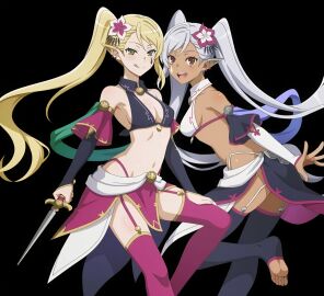 2girls blonde_hair breasts cleavage dancer_outfit dark-skinned_female dina_dis dungeon_ni_deai_wo_motomeru_no_wa_machigatteiru_darou_ka elf elf_female female flower_hair_ornament hair_ornament light-skinned_female looking_at_viewer official_art open_mouth side_ponytail sideboob silver_hair sisters twintails vena_dis weapon