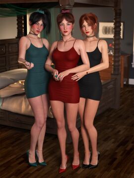 2024 3d 3girls anklet bedroom black_dress black_hair black_high_heels blush breasts clothed clothing condom depth_of_field dress earrings estelle_(flapsky) female female_only flapsky freckles_on_face gold_anklet gold_nail_polish gold_nails high_heels holding_condom holding_object hoop_earrings indoors inviting inviting_to_sex lipstick looking_at_viewer medium_breasts multiple_females multiple_girls naomi_(flapsky) nipple_bulge nipples_visible_through_clothing no_bra orange_hair original_character original_characters red_dress red_hair red_high_heels red_lipstick small_breasts sophie_(flapsky) standing teal_dress teal_high_heels teal_nail_polish teal_nails