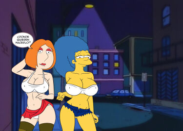 alley alone blue_hair breasts croc_(artist) family_guy female lois_griffin marge_simpson minishorts night night_sky orange_hair prostitute prostitution smile spanish_text the_simpsons translated_in_comments yellow_body