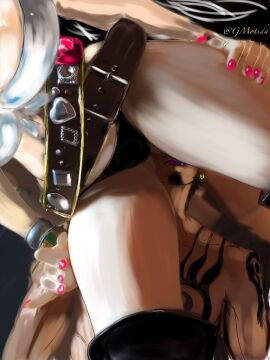 1boy 1girls ass black_hair boa_hancock boots breasts cleavage female female_focus gmotida huge_breasts large_breasts long_hair male nail_polish one_piece panties tattoo thighs trafalgar_law underwear