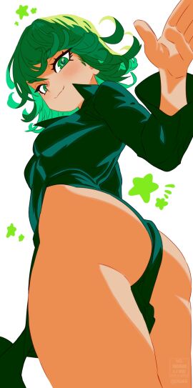 1girls ass blush breasts collared_dress dress dutch_angle female from_below green-haired_female green_dress green_eyes green_hair highres looking_at_viewer medium_hair one-punch_man pelvic_curtain small_breasts solo standing tatsumaki xel4