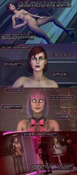 3d absurdres bimbofication bottomless breasts comic commander_shepard female female_only femdom femshep femsub happy_trance high_heels huge_breasts hypnosis large_breasts mass_effect mind_control nude raptor4d4 smile spiral_eyes standing standing_at_attention symbol_in_eyes tech_control text topless transformation