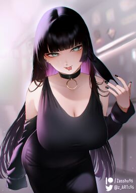 bare_shoulders black_choker black_dress black_hair blunt_bangs blush bocchi_the_rock! breasts choker cleavage collarbone colored_inner_hair detached_sleeves dress ear_piercing female forked_tongue goth green_eyes highres hime_cut labret_piercing large_breasts long_hair long_sleeves looking_at_viewer multicolored_hair pa-san piercing purple_hair smile solo split_tongue tongue tongue_out zasshu zasshu96