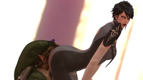 1boy 1girls 3d animated arched_back ass bayonetta bayonetta_(character) bayonetta_2 big_ass black_hair cunnilingus_through_clothes female kishi light-skinned_female light-skinned_male light_skin link link_(twilight_princess) looking_back male moaning short_hair shorter_than_10_seconds the_legend_of_zelda twilight_princess video