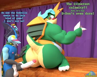 2024 3d albalbalb anthro ass bandana big_ass big_butt black_body black_clothing black_shirt black_skin black_t-shirt black_topwear blue_body blue_eyes blue_hair blue_skin blush bulge claws clothing curtains digital_media_(artwork) drednaw drunk english_text eyebrows generation_8_pokemon genitals glass green_body green_scarf green_skin grey_clothing grey_overalls group hair hand_on_ass hand_on_butt hand_on_hand hand_on_penis hi_res holding_glass holding_object huge_ass huge_butt inside inteleon kerchief kneeling long_penis looking_at_another looking_back low_key_toxtricity lyonidas_(bouclafoutis) male male/male mantle morton_bramsay_jr. musclegut muscular muscular_anthro muscular_male nepptenio_(copyright) nintendo nipples overalls penis pokemon pokemon_(species) pokemon_bouclafoutis scarf scientific_instrument shell shirt stage standing substance_intoxication t-shirt tan_body tan_skin text thermometer thick_eyebrows toe_claws topwear toru_murphy_september toxtricity trio tube watermark white_body white_skin yellow_eyes