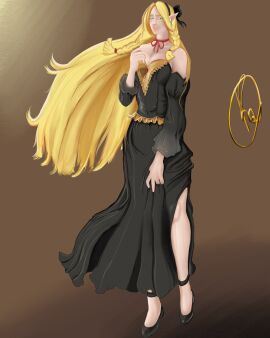 1girls black_dress black_shoes blonde-haired_female blonde_female blonde_hair braid braided_hair braided_pigtails cute delicious_in_dungeon dress dungeon_meshi elf elf_ears female kaonashi_i kawaii long_hair marcille_donato marcille_donato_(lord) pointy_ears princess sfw shoes