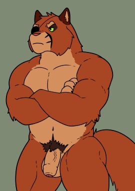 absurd_res anthro caudacaudoso_(artist) crossed_arms domestic_cat eye_patch eyewear felid feline felis fur green_eyes hi_res lackadaisy male male_only mammal muscular muscular_male orange_body orange_fur solo viktor_vasko