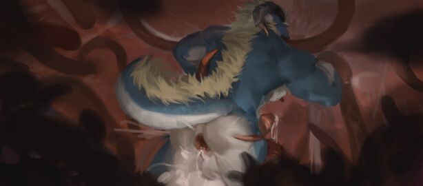 absurd_res anus ass awaldkize balls biceps big_nipples blue_body bodily_fluids cum cum_drip cum_dripping_from_penis cum_from_ass cum_in_ass cum_inside dragon dripping erection foreskin gaping gaping_anus genital_fluids genitals hi_res horn humanoid_genitalia humanoid_penis low-angle_view male muscular muscular_male mythological_creature mythological_scalie mythology nipples oral oral_penetration pecs penetration penis penis_tentacles rear_view retracted_foreskin scalie spread_ass spread_butt spreading standing tentacle tentacle_around_arm tentacle_in_mouth tentacle_on_butt tentacle_penetration tentacles_everywhere uncircumcised