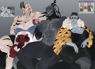 1_eye 4girls abs anthro big_breasts black_body black_bottomwear black_clothing black_eyes black_nails black_skirt black_stripes black_topwear blue_body blue_bow blush blush_lines bottomwear breasts cephalopod cleavage clothed clothing colored_nails cross-popping_vein cyclops dagon_(jujutsu_kaisen) eyeless face_tentacles featureless_breasts featureless_crotch female grey_background grey_body grey_horn group hanami_(jujutsu_kaisen) hi_res horn horned_humanoid huge_breasts humanoid jogo jogo_(jujutsu_kaisen) jogoat_(jujutsu_kaisen) jujutsu_kaisen kenjaku looking_at_viewer mahito_(jujutsu_kaisen) marine mollusk monster monstrous_humanoid multiple_females multiple_girls muscular muscular_female nails navel parasytal red_body red_bow red_eyes rule_63 simple_background sitting skirt smile stripes tentacle thick_thighs topwear white_body wide_hips