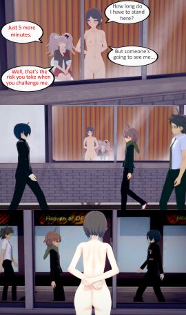 2girls 3boys 3d asian asian_female asian_male ass black_hair blue_eyes breasts clothed clothed_female clothed_female_nude_female clothed_male clothed_male_nude_female completely_nude danganronpa embarrassed embarrassed_nude_female enf female hands_behind_back hinata_hajime junko_enoshima koikatsu light-skinned_female light_skin male mukuro_ikusaba naegi_makoto navel nipples nude nude_female nude_female_clothed_female nude_female_clothed_male public public_nudity pussy saihara_shuuichi sitting standing tagme ultimateenf walking