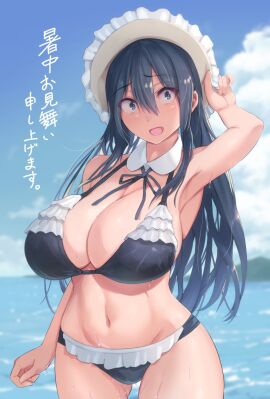 bikini black_hair breasts embarrassed female huge_breasts nana_natsuishi swimsuit