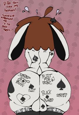 2024 accessory anthro anthro_only arm_tattoo ass back_tattoo balls balls_tattoo big_ass big_butt blacked blacked_clothing bodily_fluids brown_hair butt_tattoo clothing dialogue digital_media_(artwork) femboy feri_the_bunny feridoodles6 freckled_butt freckles frederick_the_bunny genital_tattoo genitals gradient_background hair hair_accessory hairpin huge_ass huge_butt humanoid lagomorph legwear leporid light-skinned_male light_body light_skin male male_only mammal nervous nervous_sweat nude pale-skinned_male pale_skin pattern_background qos qos_tattoo queen_of_spades queen_of_spades_symbol rabbit rabbit_ears raceplay rear_view simple_background skinny solo spades_(suit) suit_symbol sweat tail tattoo text thick_thighs thigh_highs