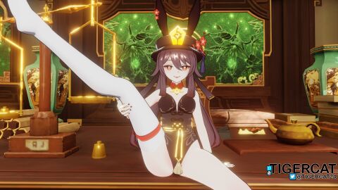 1girls 3d background blender bunny_costume bunny_ears bunny_girl bunnysuit dark_hair dark_nails female female_only genshin_impact hu_tao_(genshin_impact) nails_painted open_legs red_eyes tagme tigercat tongue tongue_out