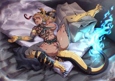 2024 3_toes 5_fingers abs amphibian amphibian_humanoid animal_humanoid athletic athletic_female blonde_hair braided_hair breasts claws clitoris crescentia crescentia_fortuna defeated defeated_heroine feet female fingers fire flaming_tail genitals hair humanoid imminent_rape imminent_sex lying on_back pussy salamander_humanoid scalie scalie_humanoid spread_legs spreading tail tattoo toes unconscious