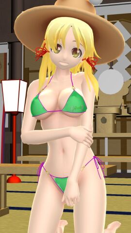 1girls 2024 3d bikini blonde-haired_female deity female god green_bikini hat hati_yukkuri_mmd headwear indoors kneeling_female light-skinned_female light_skin looking_at_viewer mmd mountain_of_faith purple_string_bikini shrine solo_female solo_focus suwako_moriya swimsuit touhou yellow_eyes