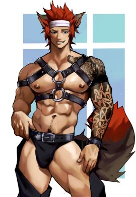 1boy abs animal_ears arm_tattoo black_hair bulge chaps cocky final_fantasy final_fantasy_xiv harness headband looking_at_viewer male male_only miqo'te muscular muscular_arms muscular_chest muscular_thighs naughty_face nipple_piercing nipples pecs piercing pubic_hair red_hair smile smiling_at_viewer smirk smirking_at_viewer smug solo solo_male standing tail tattoo teeth thombrownie toothy_grin topless tosetsu two-tone_hair underwear