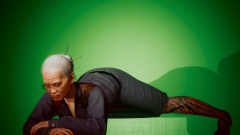 3d arched_back cyberpunk_2077 female gilf granny no_artist no_source older_female skirt thick_thighs tight_clothing wakako_okada