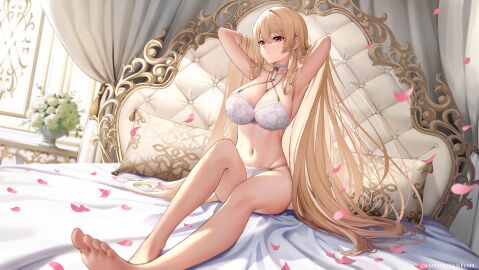 armpits arms_behind_head arms_up bangs bare_arms bare_legs bare_shoulders barefoot bed bed_sheet between_breasts blonde_hair blush bra breasts choker cleavage clothing criss-cross_halter cross curtains earrings feet female female_only flower foot_out_of_frame halter_top halterneck high_resolution indoors jewelry knee_up large_breasts legs lingerie long_hair looking_at_viewer looking_to_the_side lying navel necklace on_back on_bed original pantsu petals pillow plant red_eyes rose sidelocks sion_(9117) sitting soles solo stomach string_panties thighs toes underwear underwear_only very_long_hair white_bra white_choker white_panties white_underwear window