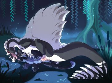 big_dom_small_sub black-body blue_body blue_eyes bodily_fluids claws cum cum_in_vagina cum_inside detailed_background dinosaur dominant dromaeosaurid duo erection feathered_dinosaur feathered_scalie feathers female female_feral female_penetrated feral feral_on_feral feral_penetrated feral_penetrating feral_penetrating_feral french_kissing genital_fluids hi_res interspecies kissing larger_male lying male male/female male_feral male_penetrating male_penetrating_female night on_side open_mouth outside outside_sex owishka penetration penile penile_penetration penis_in_vagina plant prehistoric_species red_eyes reeds reptile sail_(anatomy) saliva saurischian scalie sex sharp_teeth size_difference sledzax smaller_female smaller_penetrated spinosaurid spinosaurus tail teeth theropod tree vaginal_penetration white_body