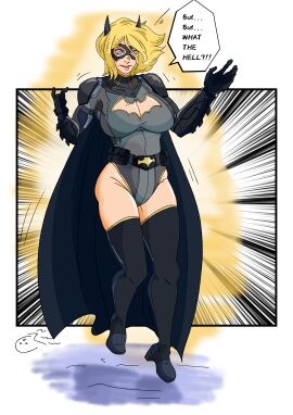 1girls ass bat_costume bat_cowl bat_symbol batman batman_(bruce_wayne) batsuit big_ass big_breasts big_butt black_cape blonde-haired_female blonde_female blonde_hair blue_eyes bob_cut breasts breasts_bigger_than_head bruce_wayne bubble_ass bubble_butt cape cleavage cleavage_cutout cleavage_window dc dc_comics dialogue dialogue_bubble domino_mask exposed_thighs female female_focus gauntlets gender_transformation genderswap genderswap_(mtf) hourglass_figure jmermelade karen_starr kryptonian male male_to_female power_girl rule_63 superheroine text text_bubble thick thick_ass thick_legs thick_thighs thigh_highs transformation wide_hips