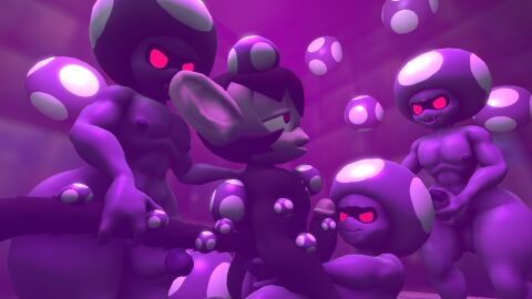 2021 3d abs alien anthro ape ass big_ass big_butt big_penis black_body black_fur black_hair black_sclera black_tail chimpanzee digital_media_(artwork) doommusk fungus fur genitals grey_body grey_ears grey_fur grey_nose grin group hair half-closed_eyes hand_on_own_penis hand_on_penis hand_on_tail haplorhine hi_res humanoid infection lire_(doommusk) looking_at_another lying male male/male mammal mario_(series) mario_and_luigi_(series) masturbation multicolored_body multicolored_fur muscular muscular_male mushroom narrowed_eyes nintendo nipples on_another on_back pan_(genus) penile penile_masturbation penis penis_on_butt primate purple_body purple_eyes purple_nipples purple_skin red_eyes shroob smile source_filmmaker_(artwork) standing tail tail_grab thick_thighs three-quarter_view two-tone_body two-tone_fur zombification