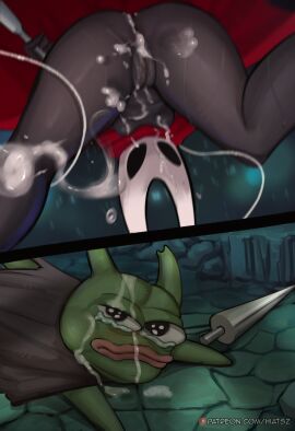 absurd_res anus arthropod ass black_body black_cape black_clothing black_skin bodily_fluids breasts cape clothing crying cum cum_in_ass cum_in_vagina cum_inside cum_on_face duo female genital_fluids genitals green_body green_skin hi_res hiatsz hollow_knight hollow_knight:_silksong horn hornet_(hollow_knight) humanoid incest insects lips looking_at_another looking_at_viewer looking_down looking_down_at_viewer low-angle_view lying male medium_breasts melee_weapon meme on_front on_ground pepe_the_frog pussy red_cape red_clothing sword team_cherry tears the_knight_(hollow_knight) vessel_(species) vulva weapon