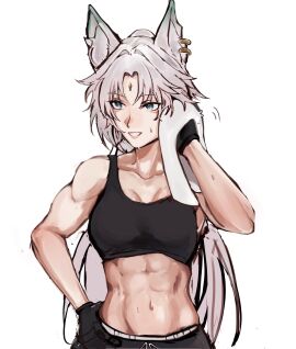 abs feixiao_(honkai:_star_rail) female fox fox_ears fox_girl honkai:_star_rail muscular muscular_female sweat sweating workout workout_clothes