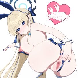 absurdres animal_ears anus ass bent_over blonde_hair blue_archive blue_eyes blue_hair blue_leotard blue_nails blush breasts censored closed_mouth clothing_aside cromachina fake_animal_ears fake_tail female fingernails from_behind halo highres huge_breasts leotard leotard_aside long_fingernails long_hair looking_at_viewer looking_back millennium_science_school_student mosaic_censoring multicolored_hair nipples pussy rabbit rabbit_ears rabbit_tail skindentation solo streaked_hair tail thighhighs toki_(blue_archive) toki_(bunny)_(blue_archive) very_long_hair white_background white_thighhighs white_wrist_cuffs wrist_cuffs