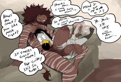 anthro armpit_hair asinus avian azathura balls balls_fondling bird bodily_fluids body_hair dialogue donkey duo english_text equid equine fondling foreskin furniture genital_fluids genitals gull gus_skwarek handjob hi_res hybrid lari larid long_penis male male/male mammal marcus_(azathura) nude penile penis precum pubes sex smile sofa text thick_penis uncircumcised zebra