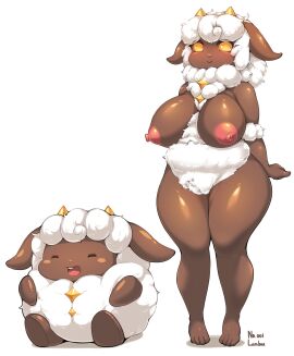 2024 absurd_res anthro anthrofied areola blush boingfarm bovid breasts caprine chest_tuft closed_eyes duo empty_eyes female feral floppy_ears fluffy genitals hi_res horn huge_breasts humanized humanoid lamball nipples nude pal_(species) palworld pocketpair pussy sheep simple_background sitting smile standing text tuft white_background white_wool wool_(fur) yellow_eyes