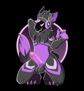 absurd_res anthro balls claws cybernetics digital_media_(artwork) enoopycat erection feet fur genitals glistening hi_res kneeling looking_at_viewer machine male markings nude penis protogen purple_body purple_fur screen screen_face shaded simple_background smile solo solo_male tail toes visor zephyr_(zephyrprotocol)