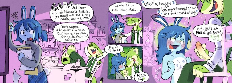 angry anthro barefoot blue_body blush breasts colored comic dizzy_eyes duo feet female genitals glowing green_body happy haye_(kint) hi_res hypnosis hypnotic_eyes kint lagomorph leporid mammal mind_control mustelid musteline nonbinary_(lore) paws penis pressing_breasts_together rabbit ruth_(kint) stoat true_musteline weasel