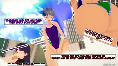 1boy 1girls 3d aged_up arguing ass big_ass big_ass_(male) big_butt big_butt_(male) city female giant huge_ass koikatsu male misato_katsuragi neon_genesis_evangelion sayoblack shinji_ikari text text_box thunder_thighs wide_hips
