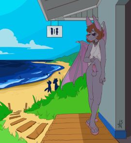 2024 anthro balls bat bat_wings beach blush bottomless brown_hair clothed clothing erection eyewear foreskin fur genitals grass grey_body grey_fur group hair ittybittykittytittys male mammal membrane_(anatomy) membranous_wings outside penis plant public public_nudity sandals smile solo_focus sunglasses uncircumcised water wings