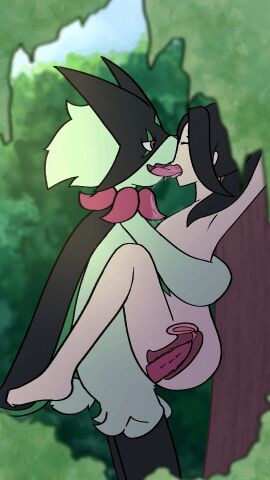1boy 1girls 1pokemon against_tree animal_genitalia animal_penis animated animated_image anthro black_hair bodily_fluids carrying carrying_partner felid feline feline_genitalia feline_penis female forest french_kissing from_front_position fur furry generation_9_pokemon genitals green_body green_fur hair hi_res human interspecies kissing lying male male/female male_meowscarada male_pokemon/female_human mammal meowscarada nintendo on_back outside penetration penile_spines penis plant pokemon pokemon_(species) pokephilia pussy questionable_consent saliva saliva_string sex stand_and_carry_position toinkity tongue tongue_kiss tongue_out tree vaginal_penetration x-ray x-ray_view
