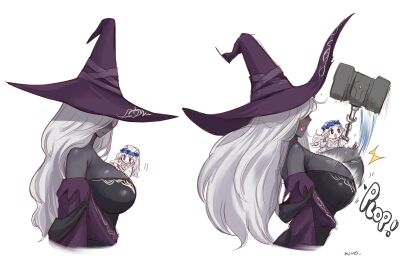 2girls artist_signature big_breasts blush breasts busty chibi cleavage clothed cute dark-skinned_female dark_skin elden_ring elden_ring_nightreign embarrassed eyes_obscured fat_tits female female_only flower_on_head fromsoftware funny hair_over_eyes hammer hammerspace hat hi_res huge_breasts humor kivonotbabu large_breasts light-skinned_female light_skin motion_lines object_between_breasts onomatopoeia pale-skinned_female pale_skin recluse_(nightreign) revealing_clothes revenant_(nightreign) size_difference smile smirk white_background white_hair witch witch_hat