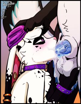 alternative_fashion animal_genitalia anthro arleigh_(siriusandpyri) balls bangs beanie black_body black_ear_markings black_eyeshadow black_fur blue_body blue_fur blue_penis blush bodily_fluids bricav_(bricav) cheek_tuft chest_tuft claws clothing collar cum cum_drip cum_in_mouth cum_in_nose cum_inside cum_on_face cum_on_penis dripping duo ear_piercing erection eyeshadow facial_tuft fur gauged_ear genital_fluids genitals hat head_tuft headgear headwear hi_res holding_balls lagomorph leporid long_ears makeup male male/male mammal mephitid multicolored_body multicolored_fur narrowed_eyes oral oral_penetration penetration penis piercing pink_nose punk purple_clothing purple_collar purple_eyes purple_hat purple_headwear purple_wristband rabbit sheath siriusandpyri skunk slim spiked_collar spikes tuft white_body white_fur wristband