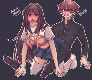 1boy 1girls blush blushing bra breasts english_text female glasses male marukunart skirt text