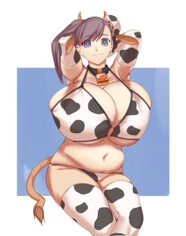 1girls arms_behind_head bikini blue_eyes breasts breasts_bigger_than_head cow_bell cow_print cow_print_bikini cow_tail elbow_gloves eyebrows_visible_through_hair fate/grand_order fate_(series) female female_only gigantic_breasts gloves hair_bun huge_breasts light-skinned_female light_skin looking_at_viewer massgrave massive_breasts miyamoto_musashi_(fate) miyamoto_musashi_(swimsuit_berserker) raised_arms smile solo thick_thighs thighhighs white_hair