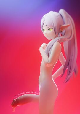 3d artist_name balls bare_arms bare_hips bare_legs bare_shoulders blender_(medium) blender_(object) blurry colorful completely_nude depth_of_field elf english_text erection female frieren from_side futanari glowing glowing_eyes green_eyes highres intersex long_hair looking_at_viewer nipples nude oiled penis pointy_ears posing pov puffy_chest puffy_nipples realkansen shiny_skin smile smug sousou_no_frieren testicles topless_female twintails white_hair