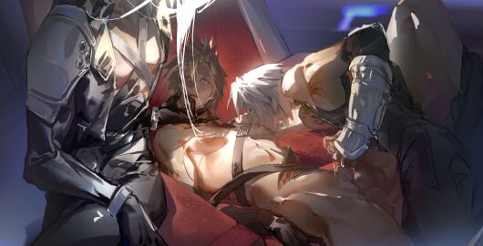 3boys age_difference aged_down alternate_costume anal anal_sex artist_request balls bare_shoulders belt blonde_hair blue_eyes clothed clothed_male_nude_male cloud_strife color couch detailed_background duplicated_character final_fantasy final_fantasy_vii final_fantasy_vii_advent_children final_fantasy_vii_ever_crisis gay gay_anal gay_sex gloves green_eyes hand_on_chin handjob handjob_while_penetrating long_hair looking_up male male/male male/male/male mmm_threesome nipple_suck nipples on_back on_couch on_throne one_leg_up pants_down pauldrons penis penis_grab precum precum_drip sephiroth short_hair shoulder_pads spiky_hair square_enix straps tagme threesome toned toned_male villain white_hair yaoi