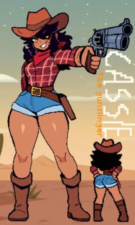 1girls aiming_at_viewer bandana black_hair cassie_(monmaamn) character_request cowgirl female monmaamn original pixel_art reference_sheet revolver shorts smug tagme tan_body