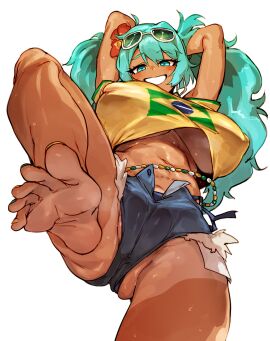 1girls ass barefoot big_ass big_breasts big_nipples big_thighs blush brazil brazilian brazilian_female brazilian_miku breasts cameltoe countershade_feet cyan_eyes cyan_hair dark-skinned_female dark_skin doppel feet feet_focus female female_only fingerlike_toes foot_fetish gyaru hands_behind_head hatsune_miku huge_ass huge_breasts huge_thighs latin_american_hatsune_miku_(meme) latina long_hair looking_at_viewer nipples partially_visible_vulva plump_labia plump_pussy pov_feet puffy_pussy pussy shirt shorts solo sweat sweatdrop sweating sweaty tagme tan tan_body thick_hips thick_thighs thighs thong twintails underboob vocaloid yellow_shirt