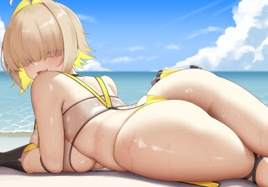1girls ass beach big_ass big_breasts black_gloves blonde_hair blush breasts colored_inner_hair day elegg_(boom_and_shock)_(nikke) elegg_(nikke) eyes_visible_through_hair fat_ass female female_only from_behind gloves goddess_of_victory:_nikke hair_intakes hair_over_eyes huge_breasts large_ass large_breasts looking_at_viewer looking_back lying multicolored_hair ocean official_alternate_costume on_stomach open_mouth outdoors shiny_skin short_hair smile solo solo_female swimsuit thigh_strap thighs water yasojima_nejiro