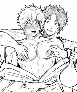 2boys blush drunk gay gintama gintoki_sakata groping groping_from_behind groping_pecs kimono looking_at_another male male_only monochrome nipples oiiiioioioiio pec_grab pecs sakamoto_tatsuma sketch smile toned toned_male yaoi