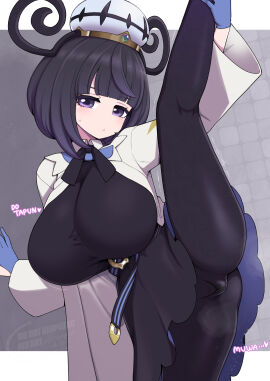 belt black_background black_dress black_eyes black_hair black_pantyhose black_shoes blue_gloves blush bob_cut breasts cameltoe chandela chandelure closed_mouth coat dress female gen_5_pokemon gloves gradient_background gwynn_(pokemon) hanauna hat highres holding_own_leg huge_breasts leg_hold leg_up legs long_sleeves looking_at_viewer muku_(pokemon) nintendo panties panties_under_pantyhose pantyhose pokemon pokemon_legends:_z-a purple_eyes shoes short_hair sitting solo split standing standing_on_one_leg standing_split sweat underwear white_coat white_hat