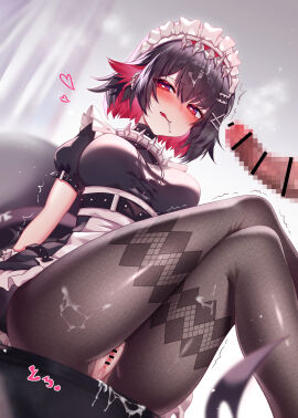 1boy absurdres bar_censor black_hair black_pantyhose blush breasts censored colored_inner_hair cowboy_shot crossed_legs cum cum_in_pussy cum_on_body curtains earrings ellen_joe female fins fish_tail from_below hair_between_eyes hair_ornament hairclip highres indoors jewelry large_breasts llg062666 looking_at_viewer maid maid_headdress male mole mole_under_eye mosaic_censoring multicolored_hair out_of_frame pantyhose penis pussy red_eyes red_hair shark_girl shark_tail short_sleeves sidelocks sitting solo_focus tail two-tone_hair variant_set zenless_zone_zero