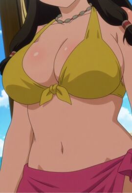 1girls big_breasts bikini breasts brown_hair busty cleavage female female_only front-tie_top head_out_of_frame hi_res large_breasts legs long_hair navel necklace official_style pose posing saaya_(suisei_no_gargantia) sarong solo suisei_no_gargantia thighs voluptuous yellow_bikini