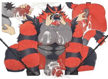 ambiguous_gender anal anal_fingering anthro anus arm_hair ass balls big_muscles big_pecs big_penis bodily_fluids body_hair chained chains crouching cuff_(restraint) cum cum_in_ass cum_inside cum_on_face cum_on_penis cumshot disembodied_penis duo ejaculation fangs felid feline fingering fur generation_7_pokemon genital_fluids genitals hairy handcuffs handjob hi_res humanoid_genitalia humanoid_penis incineroar leg_hair leoooliooon looking_at_viewer male male/ambiguous male_fingered male_focus mammal masculine_male metal_cuffs muscles muscular muscular_male nintendo nipple_chain pecs penile penis pokemon pokemon_(species) precum pubes red_body red_fur restraints sex solo_focus teeth yellow_eyes